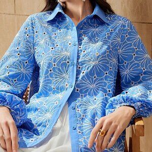 Blue Boho Women's Hollow Out Flower Embroidery Lantern Sleeve Shirt